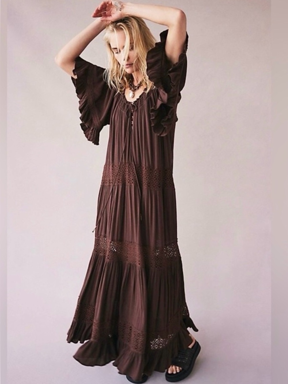 Free People Dream On Boho Dress Extra Small Brown Maxi Crochet Tiered Oversized
